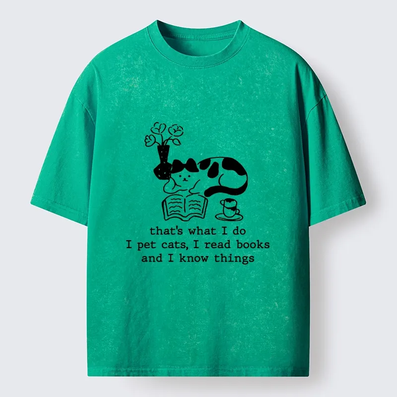 Tokyo-Tiger Book Loving Coffee Cat Washed T-Shirt