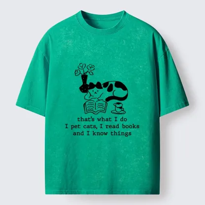 Tokyo-Tiger Book Loving Coffee Cat Washed T-Shirt