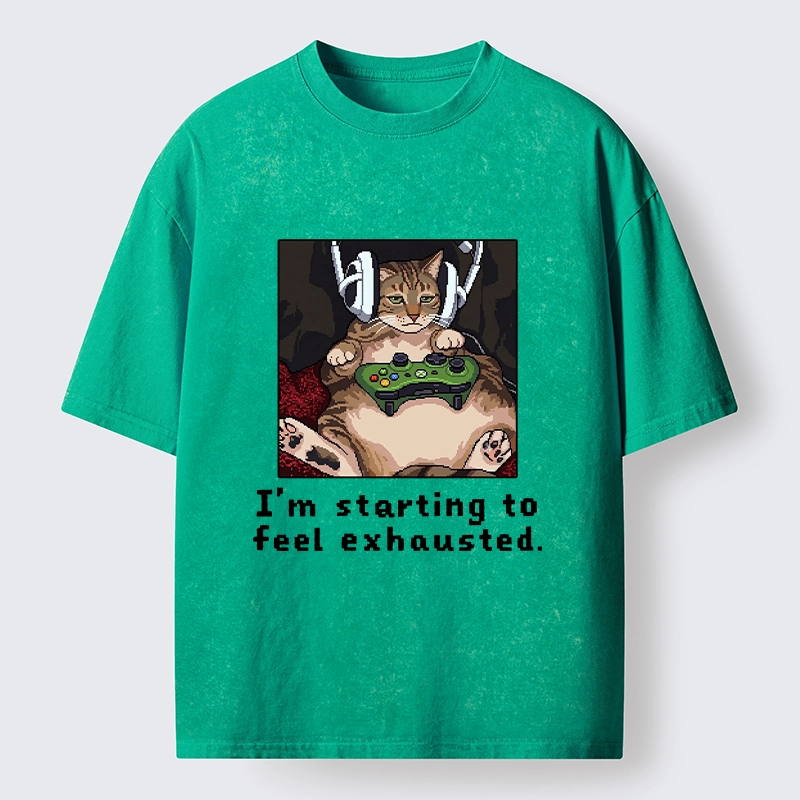 Tokyo-Tiger Exhausted Gamer Cat Washed T-Shirt