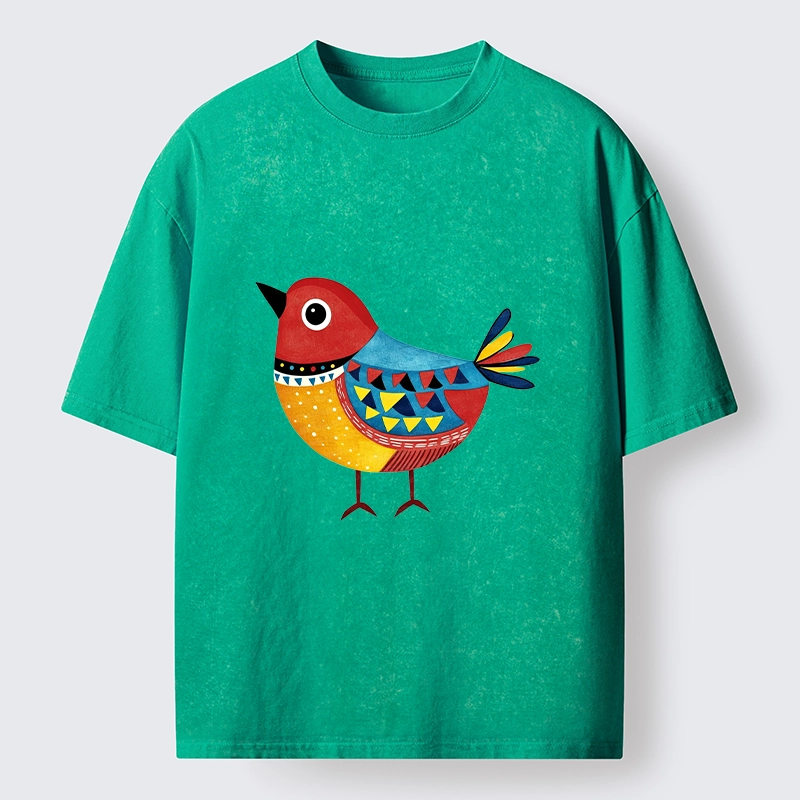 Tokyo-Tiger Folk Art Color Bird Washed T-Shirt
