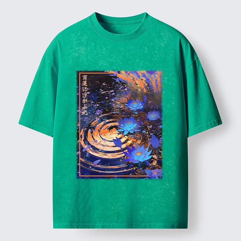 Tokyo-Tiger Night Lotus Water Glow Washed T-Shirt
