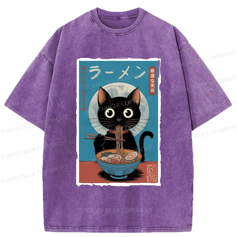 Tokyo-Tiger Black Cat Eating Delicious Ramen Washed T-Shirt
