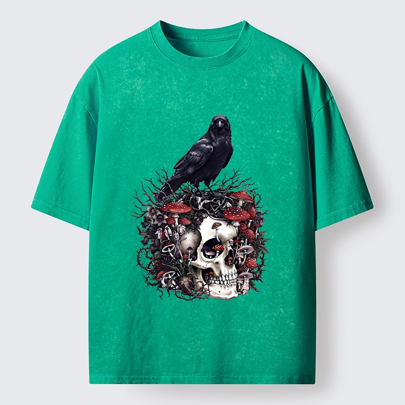 Tokyo-Tiger Crow Skull Mushroom Art Washed T-Shirt