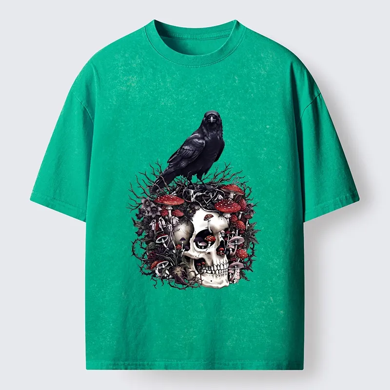 Tokyo-Tiger Crow Skull Mushroom Art Washed T-Shirt