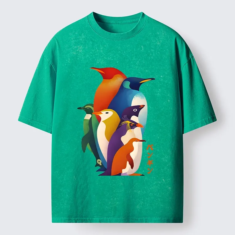 Tokyo-Tiger Cute Multi Tone Penguins Washed T-Shirt