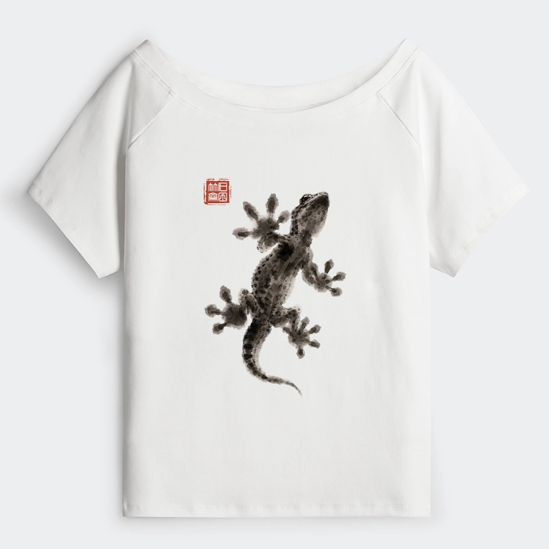 Tokyo-Tiger Minimal Asian Ink Brush Gecko Vibe Off Shoulder T-Shirt