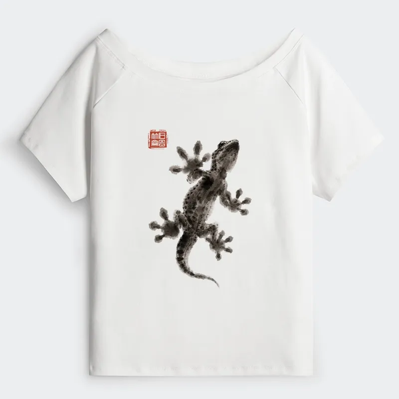 Tokyo-Tiger Minimal Asian Ink Brush Gecko Vibe Off Shoulder T-Shirt