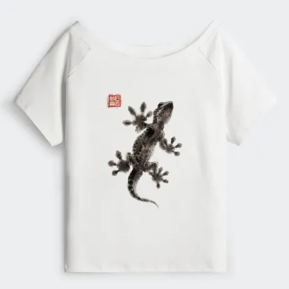Tokyo-Tiger Minimal Asian Ink Brush Gecko Vibe Off Shoulder T-Shirt