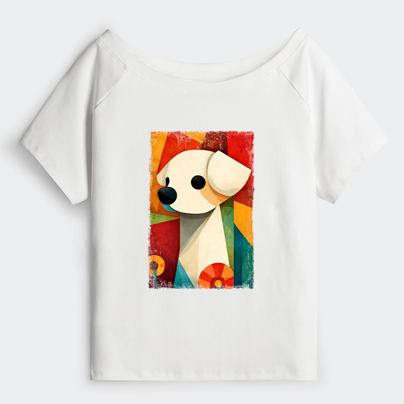 Tokyo-Tiger Retro Abstract Color Block Puppy Art Off Shoulder T-Shirt
