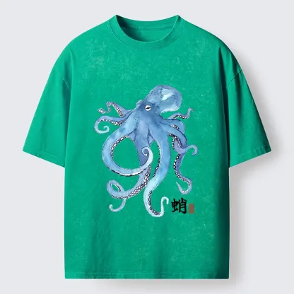 Tokyo-Tiger Watercolor Blue Octopus Washed T-Shirt