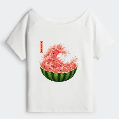 Tokyo-Tiger Watermelon Wave Summer Ukiyo Art Off Shoulder T-Shirt