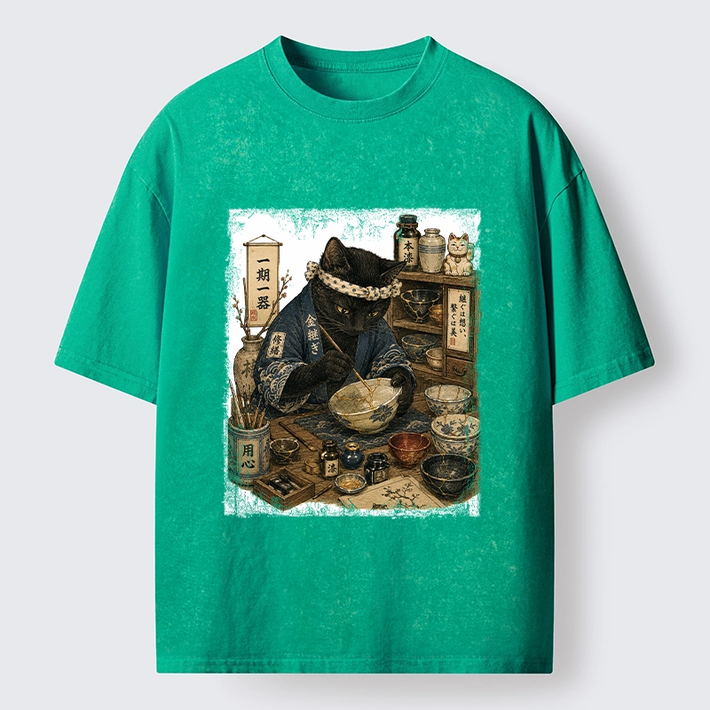 Tokyo-Tiger One Time Meeting Cat Art Washed T-Shirt