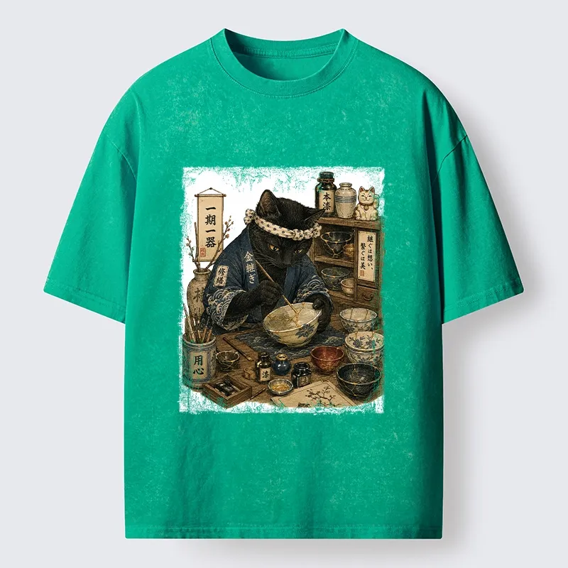 Tokyo-Tiger One Time Meeting Cat Art Washed T-Shirt