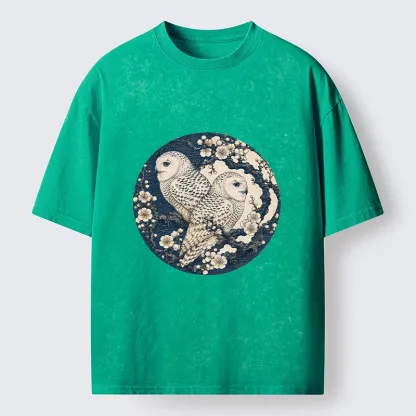 Tokyo-Tiger Snow Owl Plum Blossom Art Washed T-Shirt