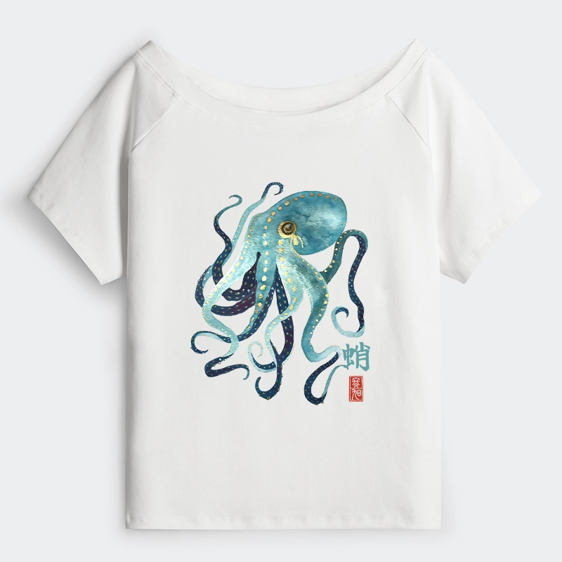 Tokyo-Tiger Soft Watercolor Octopus Japanese Art Off Shoulder T-Shirt