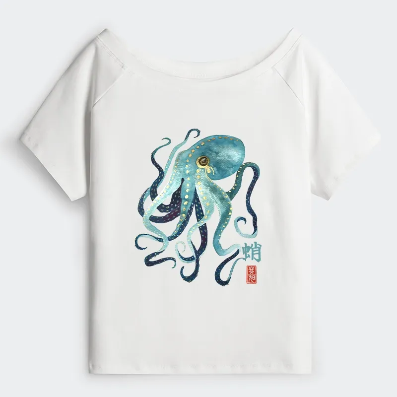 Tokyo-Tiger Soft Watercolor Octopus Japanese Art Off Shoulder T-Shirt Sale