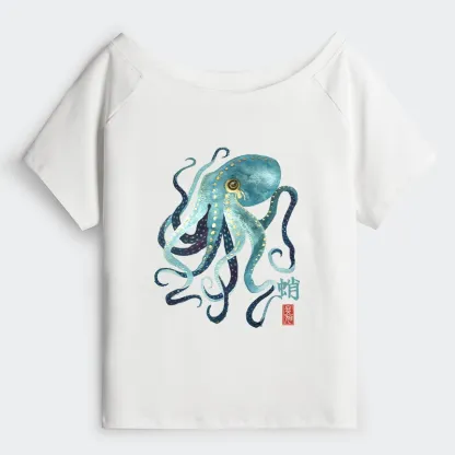 Tokyo-Tiger Soft Watercolor Octopus Japanese Art Off Shoulder T-Shirt