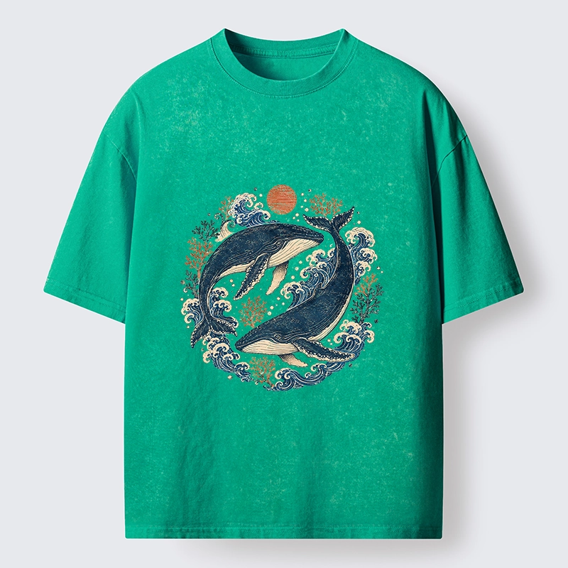 Tokyo-Tiger Twin Whale Wave Ukiyo Washed T-Shirt