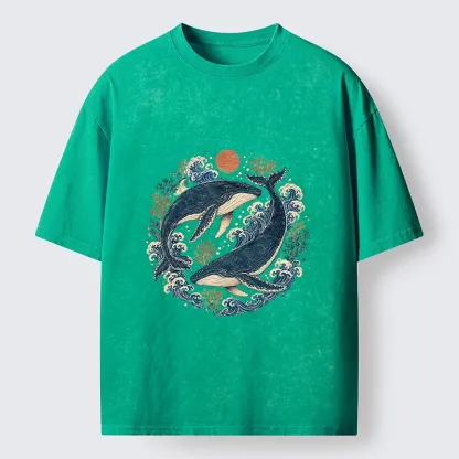 Tokyo-Tiger Twin Whale Wave Ukiyo Washed T-Shirt