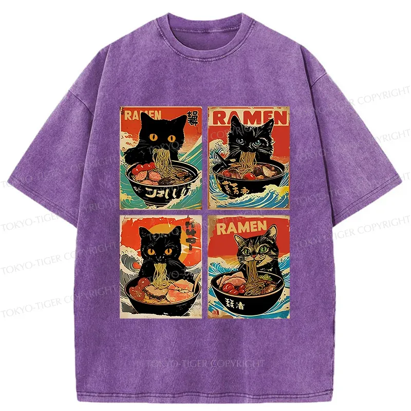 Tokyo-Tiger Four Cats Eating Ramen Washed T-Shirt