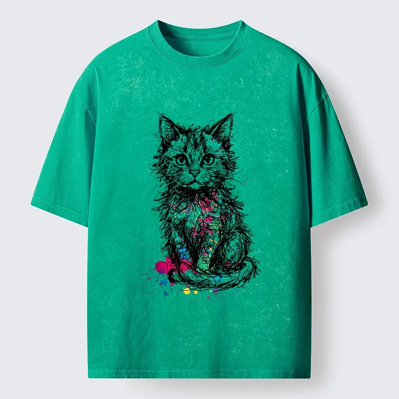 Tokyo-Tiger Splash Ink Art Cat Washed T-Shirt