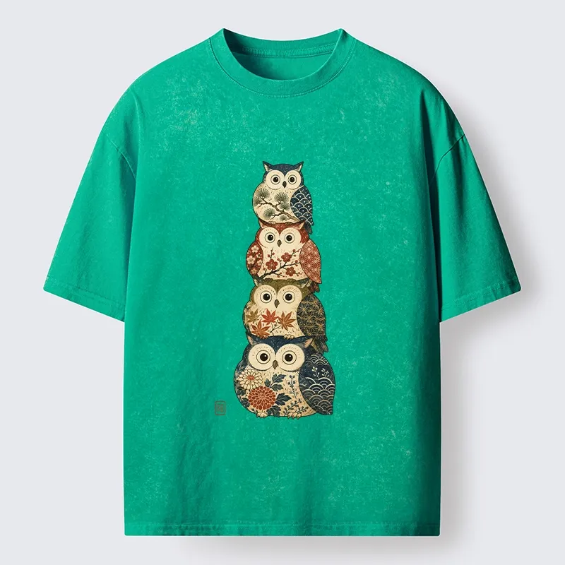 Tokyo-Tiger Stacked Floral Owls Washed T-Shirt