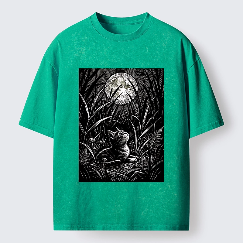 Tokyo-Tiger Woodcut Night Cat Print Washed T-Shirt