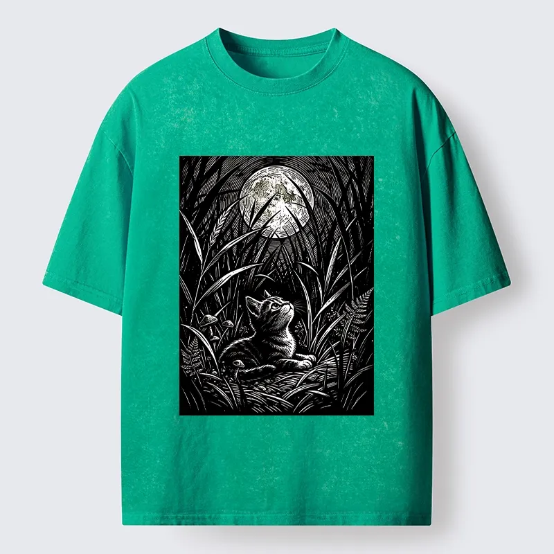 Tokyo-Tiger Woodcut Night Cat Print Washed T-Shirt