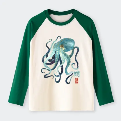 Tokyo-Tiger Soft Watercolor Octopus Japanese Art Raglan Long Sleeve T-shirt