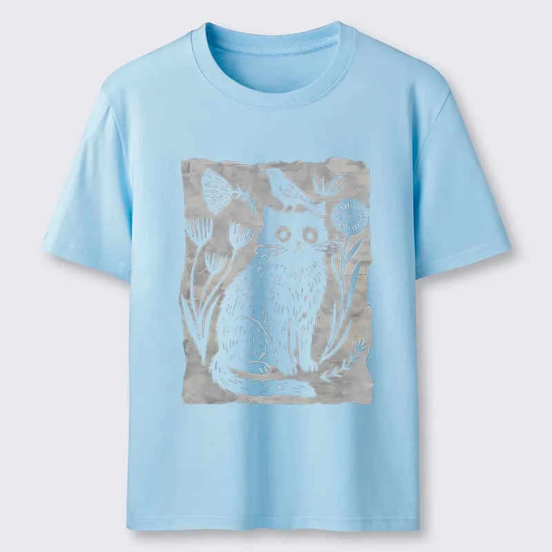 Tokyo-Tiger Folk Paper Cut Cat Bird Floral Art Classic T-Shirt
