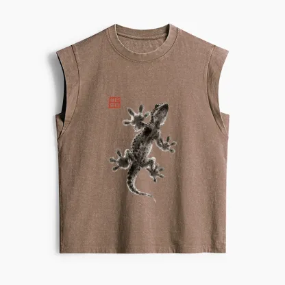 Tokyo-Tiger Minimal Asian Ink Brush Gecko Vibe Women's Washed Tank Tops