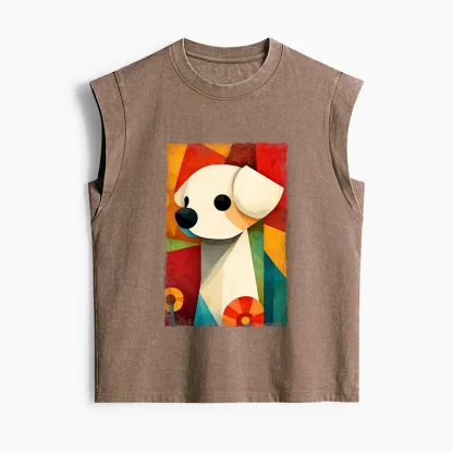 Tokyo-Tiger Retro Abstract Color Block Puppy Art Women's Washed Tank Tops
