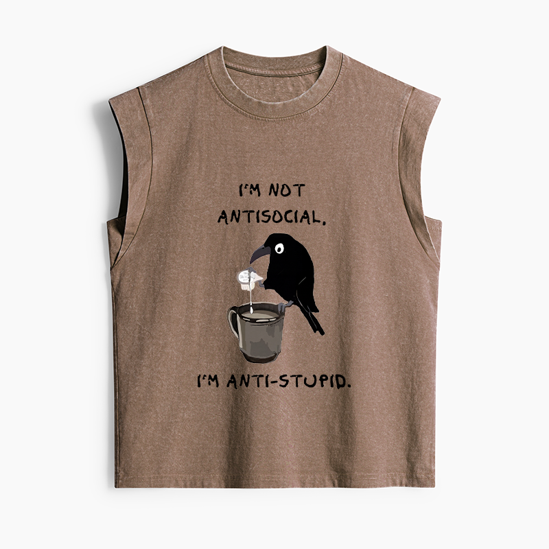 Tokyo-Tiger Cool Crow Sips Calm Coffee Alone Women's Washed Tank Tops