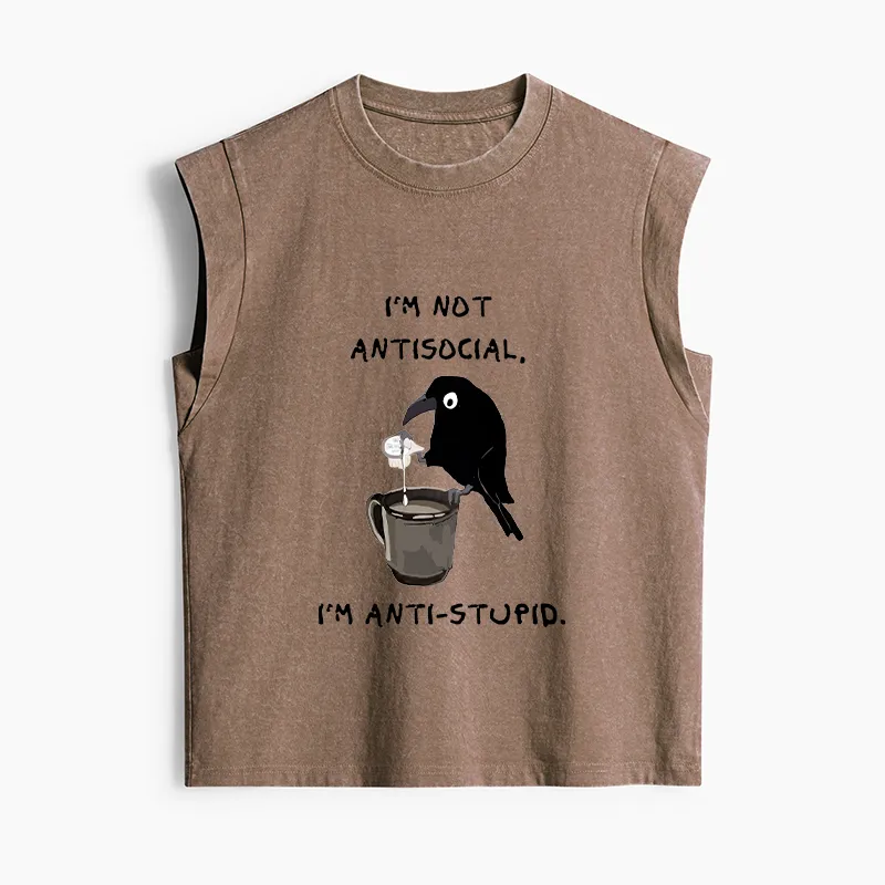 Tokyo-Tiger Cool Crow Sips Calm Coffee Alone Women's Washed Tank Tops