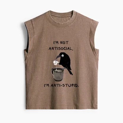 Tokyo-Tiger Cool Crow Sips Calm Coffee Alone Women's Washed Tank Tops