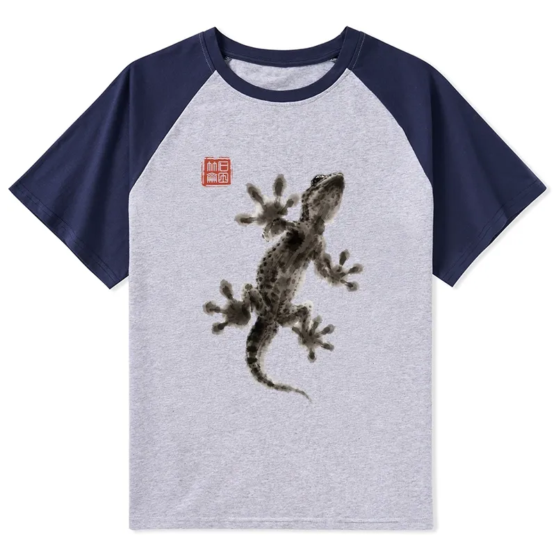 Tokyo-Tiger Minimal Asian Ink Brush Gecko Vibe Raglan T-shirt Sale