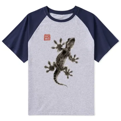 Tokyo-Tiger Minimal Asian Ink Brush Gecko Vibe Raglan T-shirt