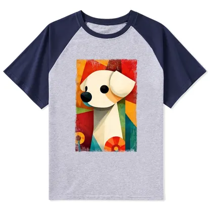 Tokyo-Tiger Retro Abstract Color Block Puppy Art Raglan T-shirt