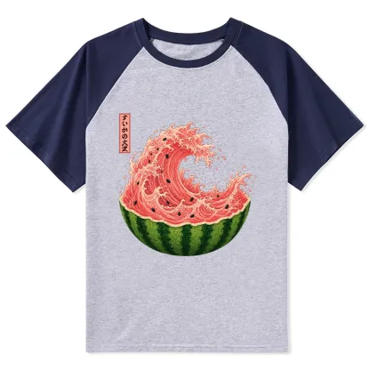 Tokyo-Tiger Watermelon Wave Summer Ukiyo Art Raglan T-shirt