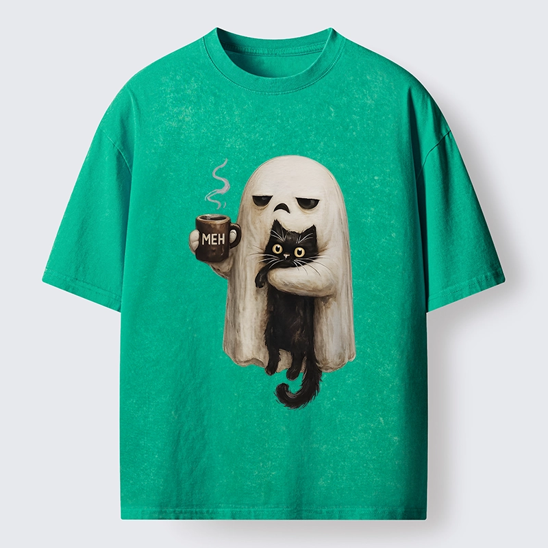 Tokyo-Tiger Ghost Cat Coffee Mood Washed T-Shirt