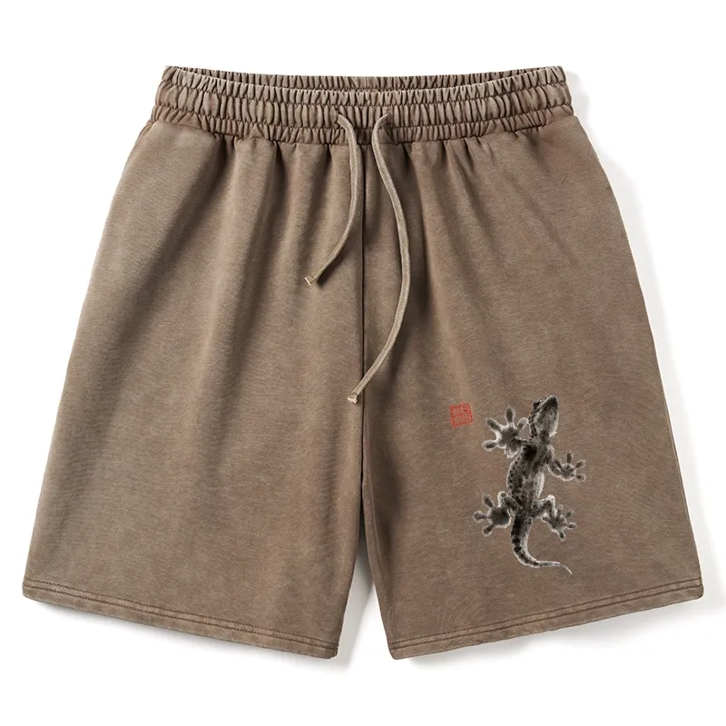 Tokyo-Tiger Minimal Asian Ink Brush Gecko Vibe Washed Shorts