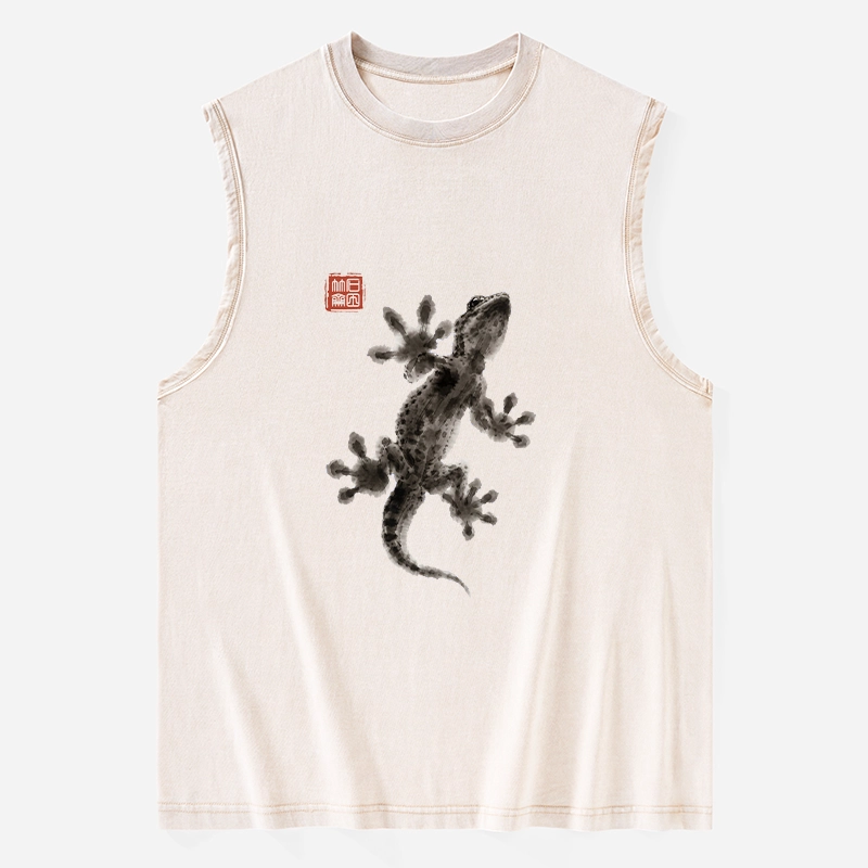 Tokyo-Tiger Minimal Asian Ink Brush Gecko Vibe Washed Tank