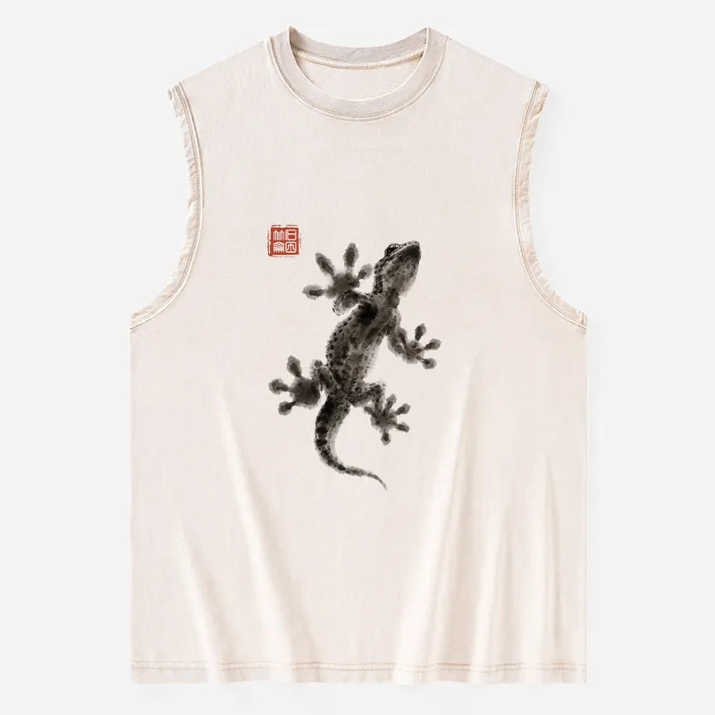 Tokyo-Tiger Minimal Asian Ink Brush Gecko Vibe Washed Tank Sale