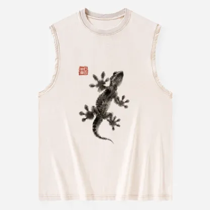 Tokyo-Tiger Minimal Asian Ink Brush Gecko Vibe Washed Tank