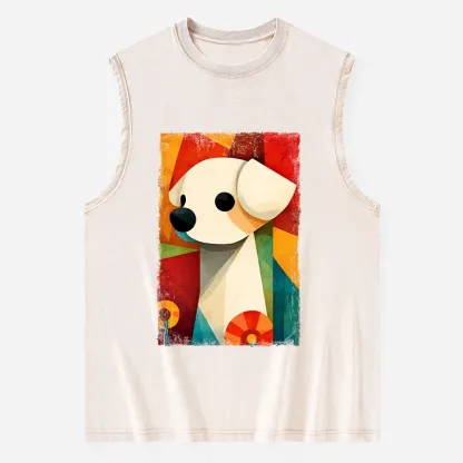 Tokyo-Tiger Retro Abstract Color Block Puppy Art Washed Tank