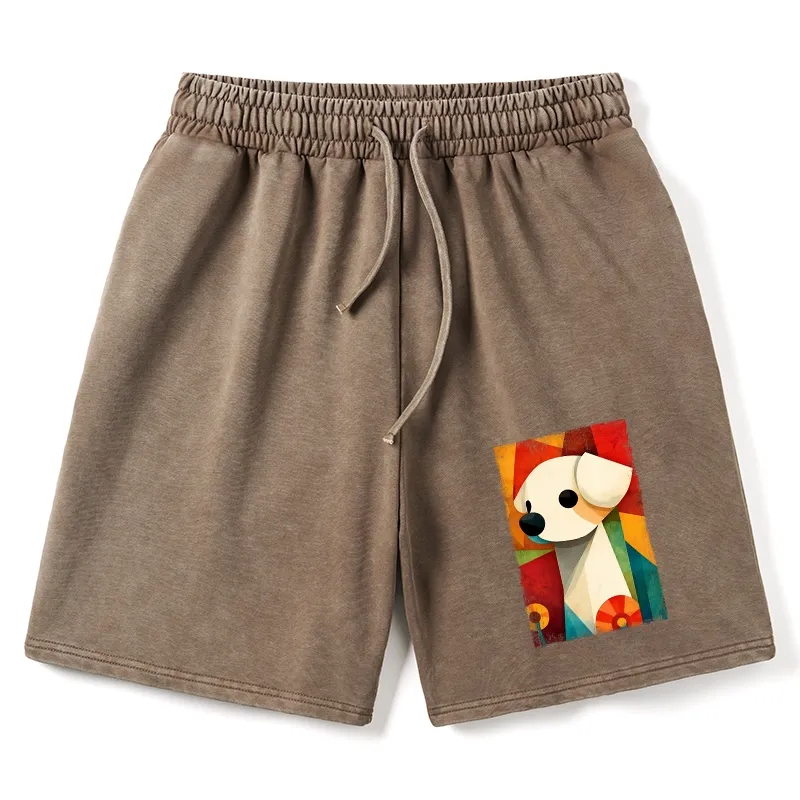 Tokyo-Tiger Retro Abstract Color Block Puppy Art Washed Shorts
