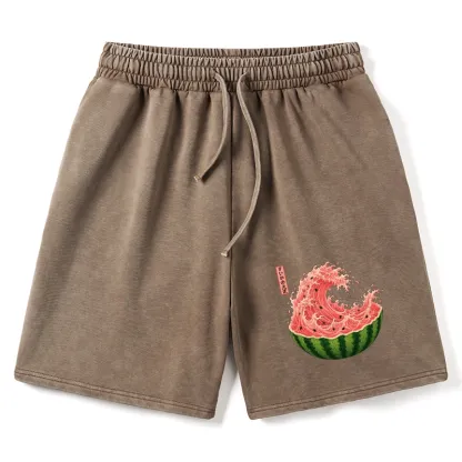 Tokyo-Tiger Watermelon Wave Summer Ukiyo Art Washed Shorts