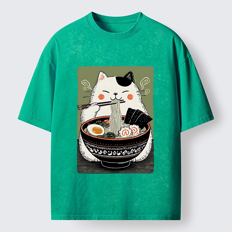 Tokyo-Tiger Cat Eating Ramen Meme Washed T-Shirt