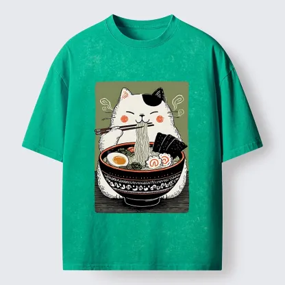 Tokyo-Tiger Cat Eating Ramen Meme Washed T-Shirt