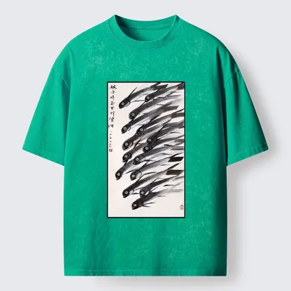 Tokyo-Tiger Ink Fish Art Washed T-Shirt
